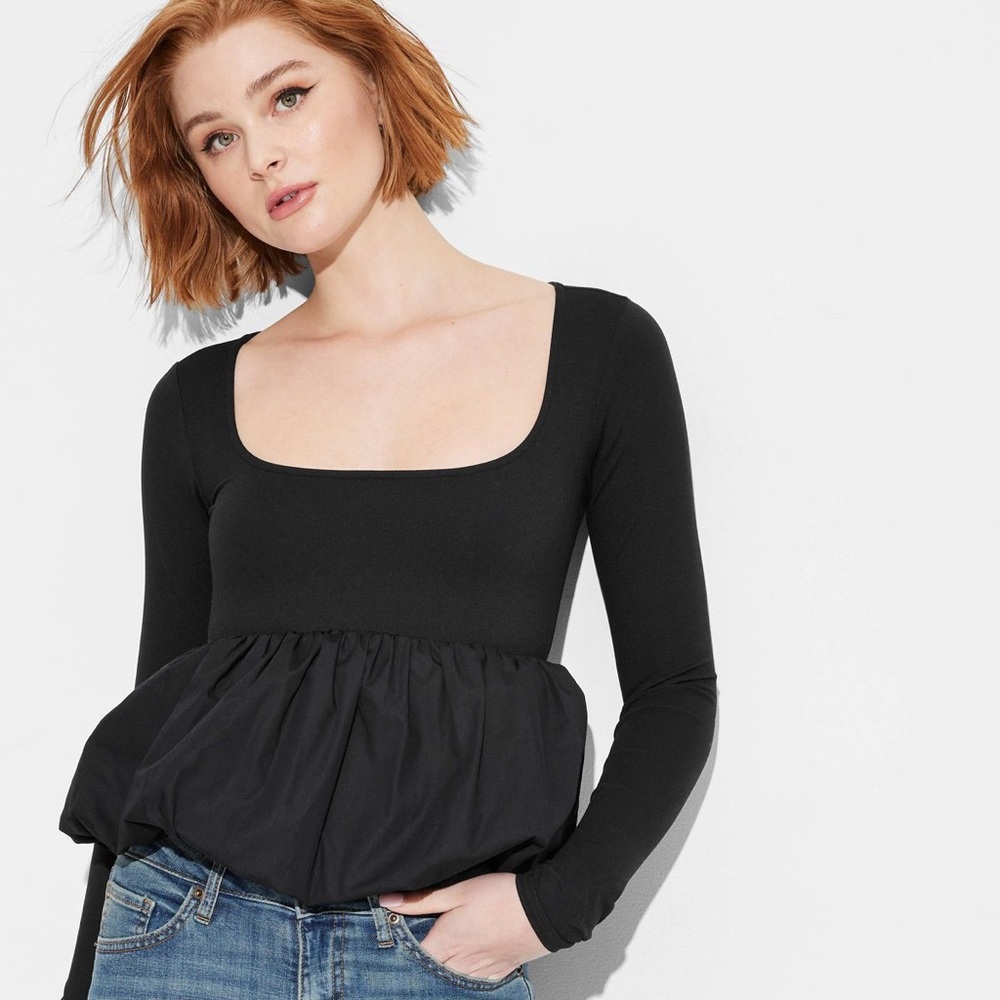 Women's Long Sleeve Square Neck Bubble Top - Wild Fable™